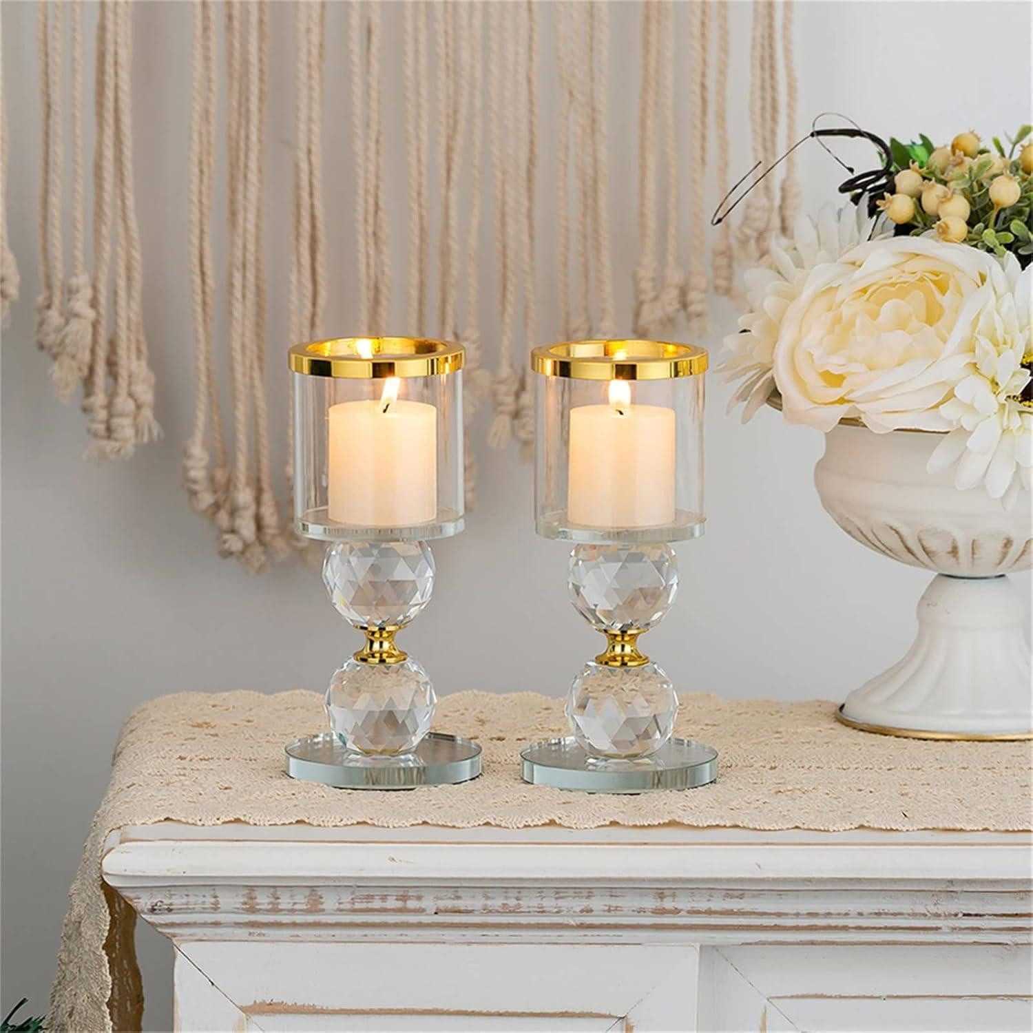 LuxusKollektion Tischkerzenhalter Kerzenständer Kristall Set Kerzenhalter Glas Hochzeit Groß x 2 Gold