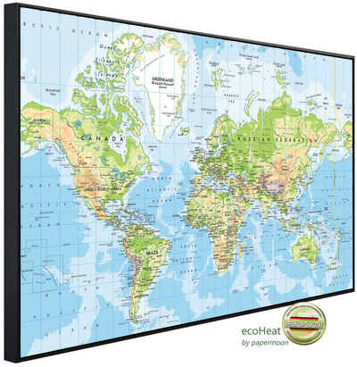 Papermoon Infrarotheizung Weltkarte, Map als Bildheizung, im schwarzen Aluminiumrahmen, HZ(4725), TÜV-Rheinland/GS zertifiziert, angenehme Strahlungswärme
