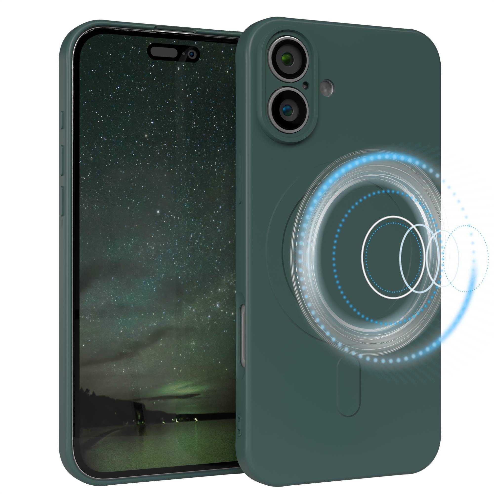 EAZY CASE Handyhülle für Apple iPhone 16 Plus Hülle Silikon 6,7 Zoll, MagSafe Case Silikon kratzfestes Bumper Cover Qi-Charging Dunkelgrün
