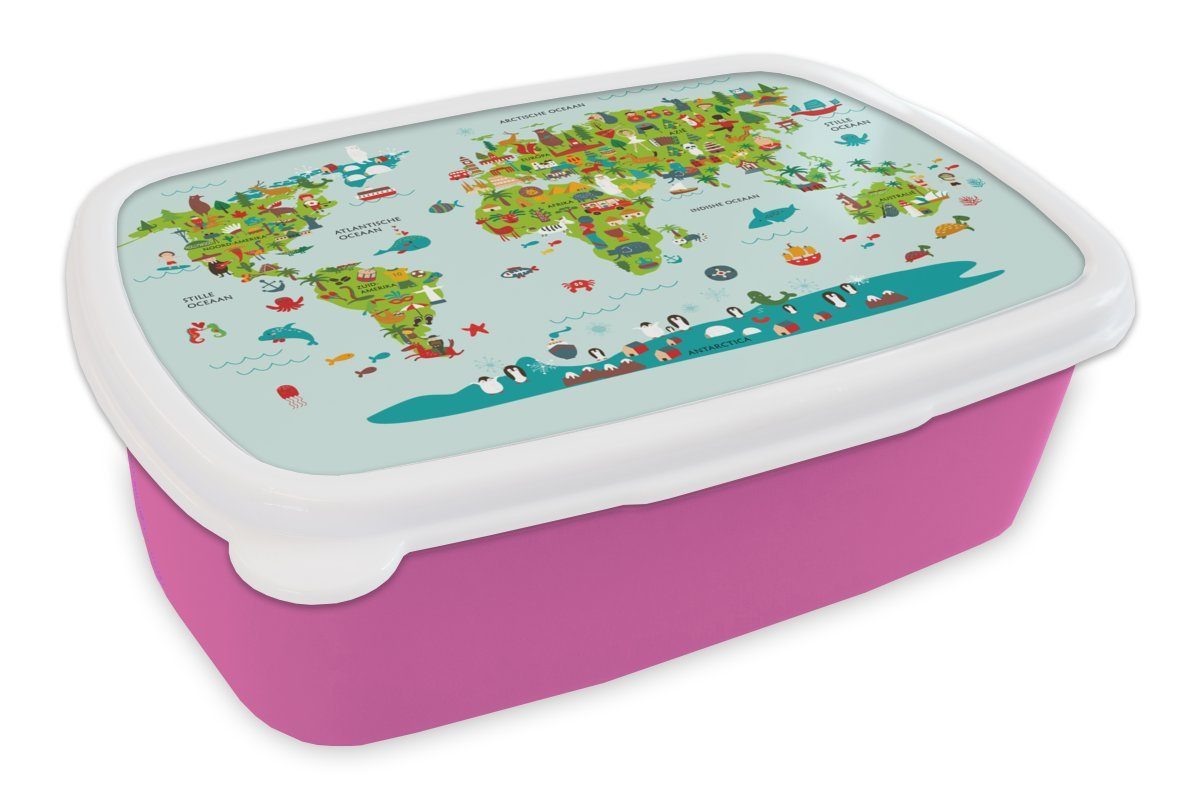 MuchoWow Lunchbox Weltkarte Kinder - Farben - Grün, Kunststoff, (2-tlg), Brotbox für Erwachsene, Brotdose Kinder, Snackbox, Mädchen, Kunststoff rosa