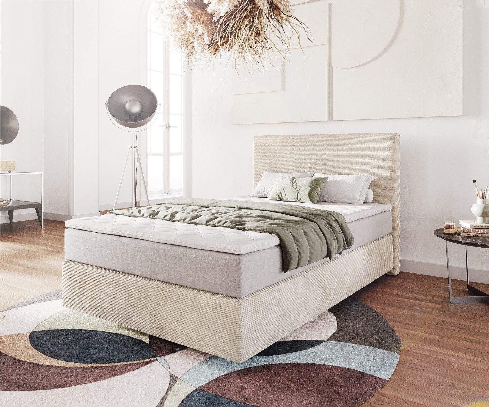 DELIFE Boxspringbett Dream-Well, Cord Beige 120x200 cm mit Taschenfederkernmatratze u. Topper