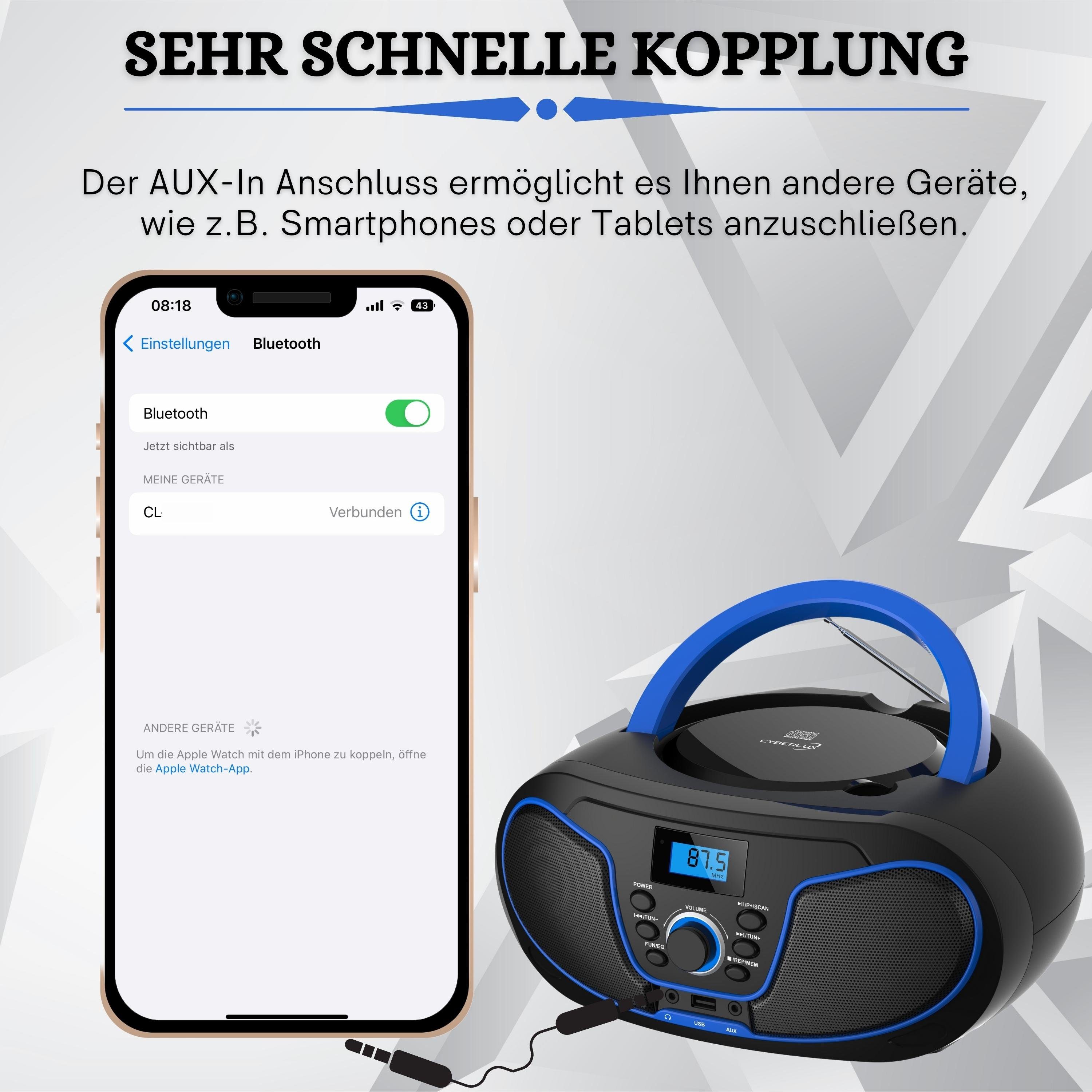 Cyberlux CL-2200 tragbarer CD-Player (CD, Boombox, tragbar,FM Radio mit MP3 USB,Fernbedienung) – Bild 4 von 5