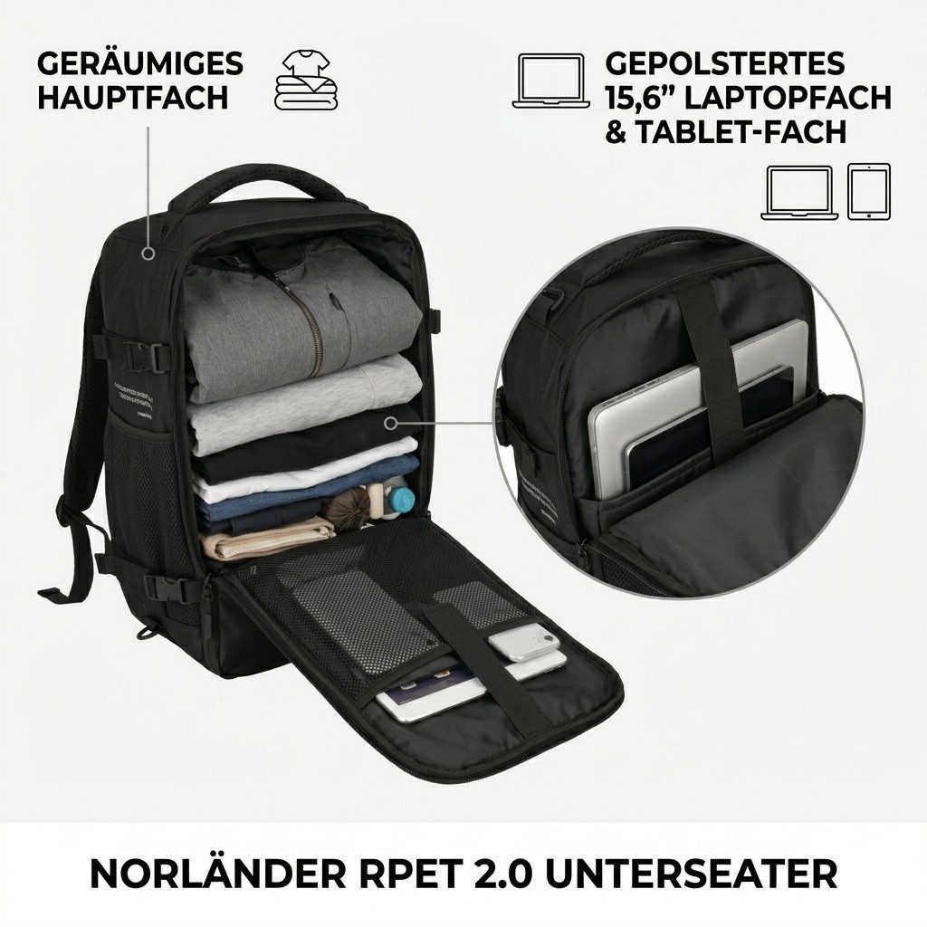 Norländer Reiserucksack Handgepäck-Rucksack – Nachhaltige Reisetasche mit 15,6" Laptopfach (1-tlg), RPET-Recycling, Anti-Diebstahl-Fach, Laptopfach 15,6", Troll – Bild 4 von 5