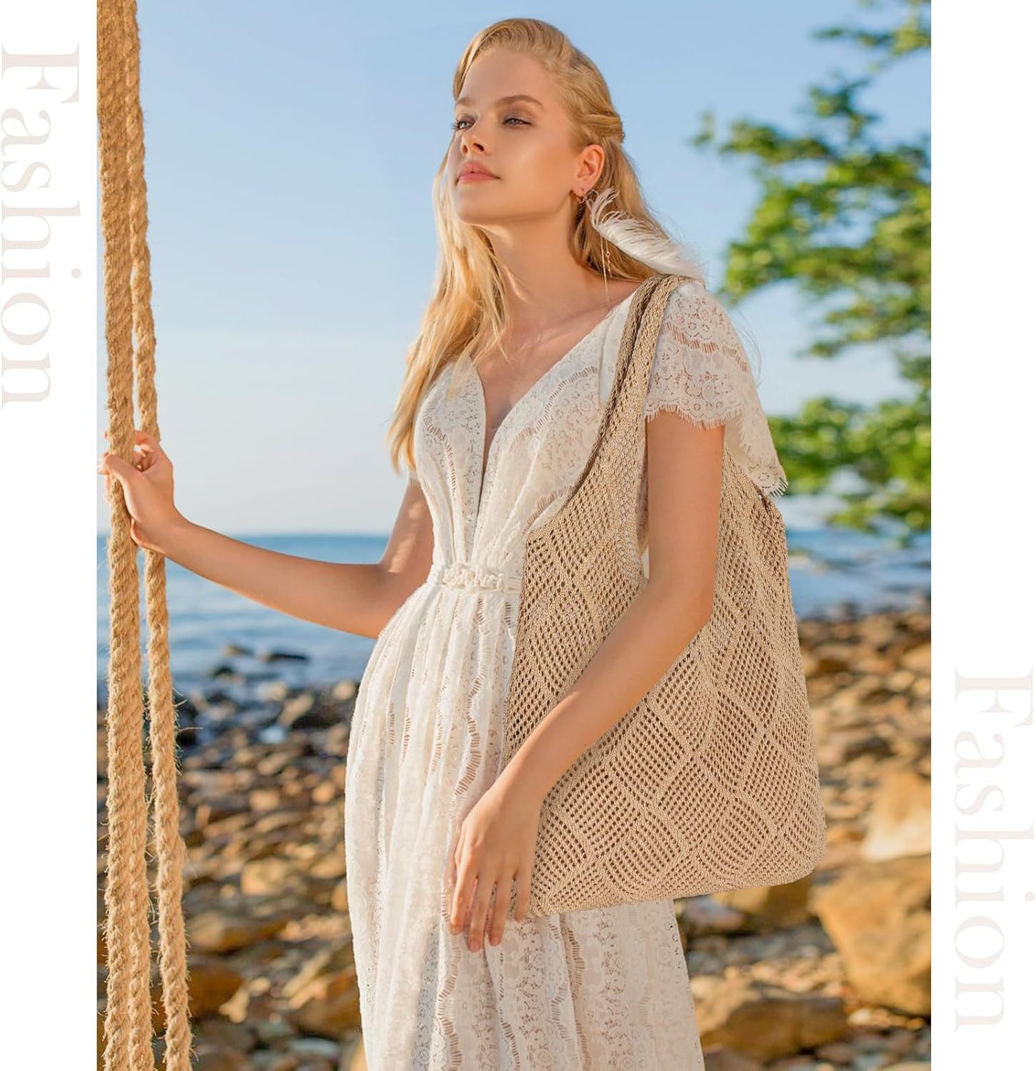 nsihing Schultertasche Damen Häkeltasche für den Sommer, Umhängetasche Netz-Stricktasche