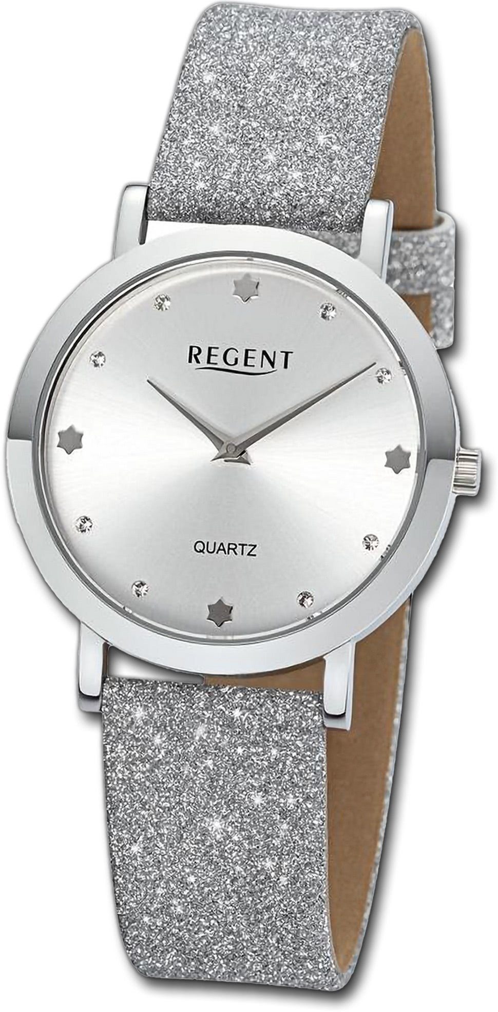 Regent Quarzuhr Regent Damen Armbanduhr Analog, Damenuhr Lederarmband silber, rundes Gehäuse, extra groß (ca. 32,5mm)