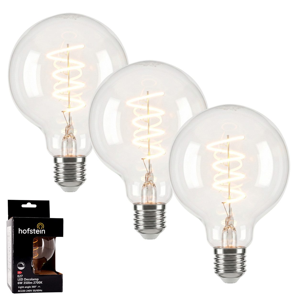 hofstein LED-Leuchtmittel 3er Set Glühbirne Warmweiß dimmbar 6 Watt, E27, 2700 Kelvin, 350 Lumen, Globe Vintage, Filament Spirale, Klar