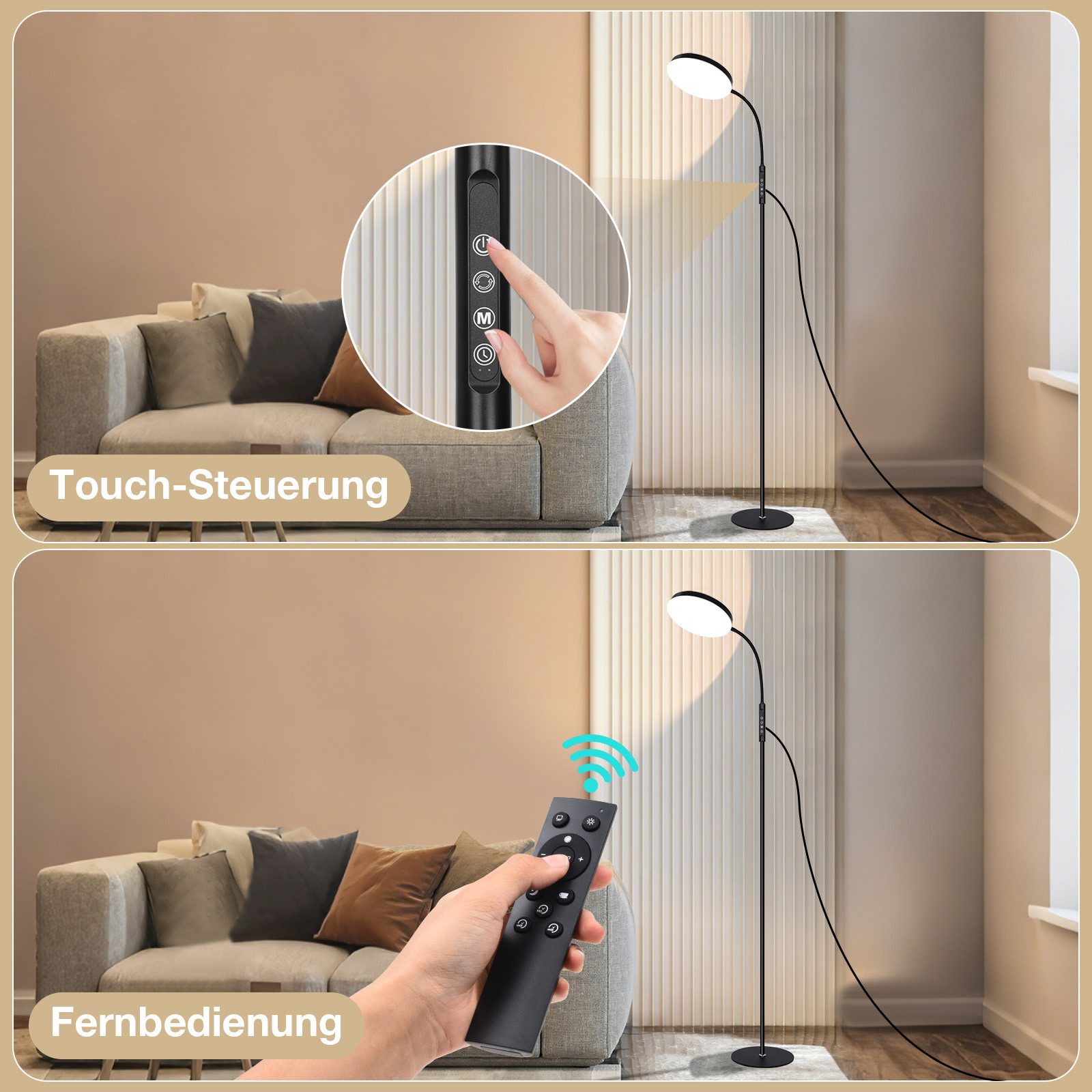 MUPOO LED Stehlampe LED Stehleuchte Weiß/Schwarz mit Schwanenhals,165cm, 10 Helligkeitsstufen & 5 Lichtfarben,mit Fernbedienung,16W,Timer – Bild 3 von 5