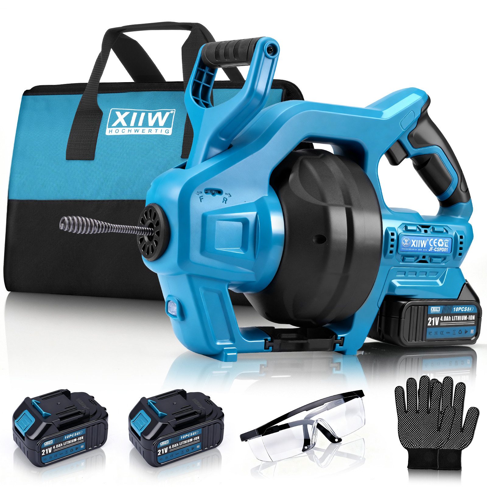 XERSEK Akku-Rohrreiniger Rohrreinigungsmaschine mit 2x20V Akku, Stufenlose Drehzahl & Rücklauf, 20 V, 650 U/min, 7,6 m (Kompatibel mit Makita 18V, Spirallänge 7.6 m Ø 7 mm für Rohre 19-85mm), Abflussreiniger Ideal für Verstopfungen in WC, Dusche, Küche, Abfluss