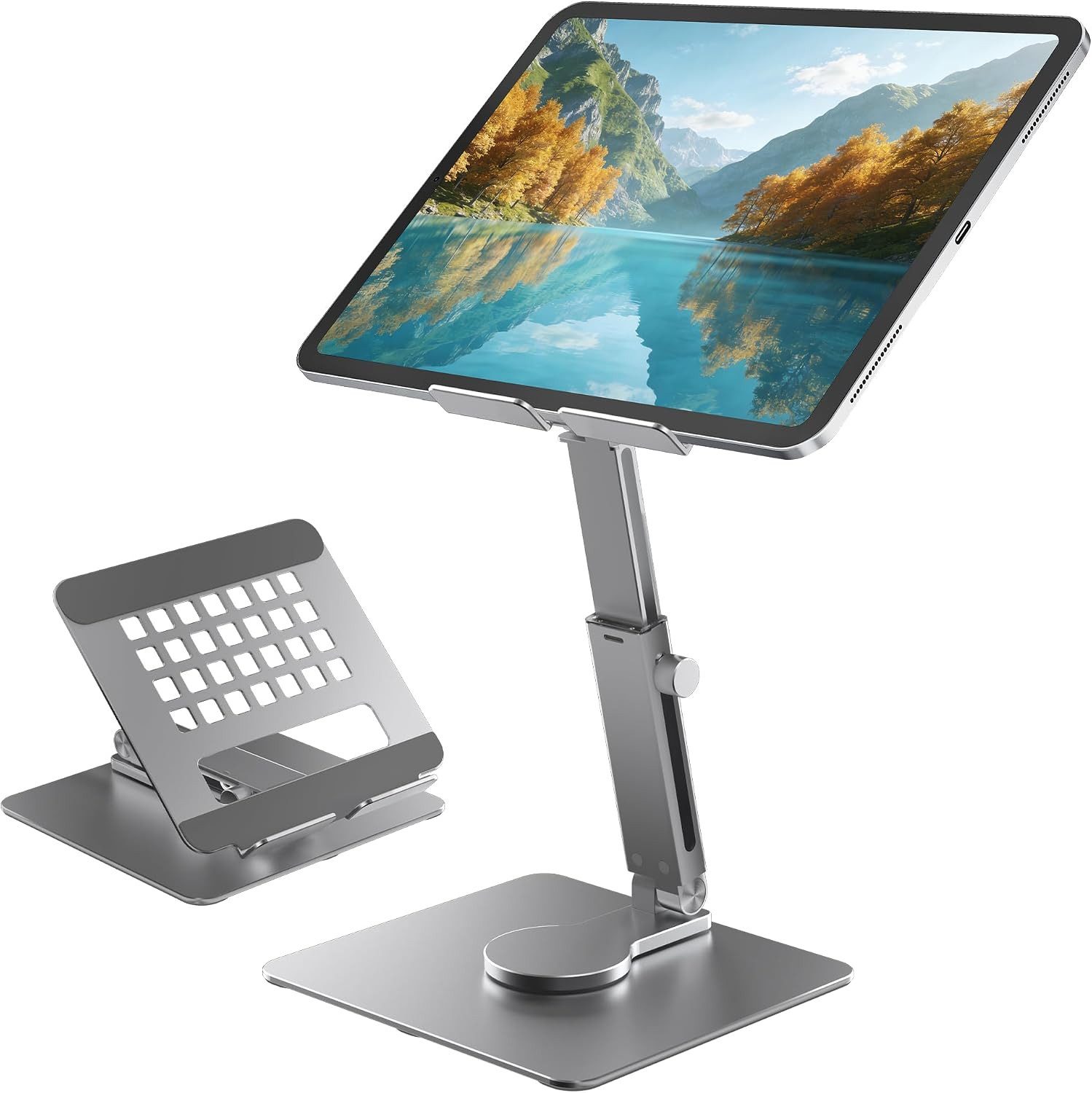 POCOJAO Tablet-Ständer iPad Tablet Ständer 360° drehbar höhenverstellbar Aluminium, (bis 16,5 Zoll, Faltbarer Tablet- und Smartphone-Ständer für Schreibtisch und Reise, Faltbarer Aluminium-Tablet-Ständer mit 360° Drehfunktion Verstellung, 360° drehbar, höhenverstellbar, neigbar, faltbar, rutschhemmend)