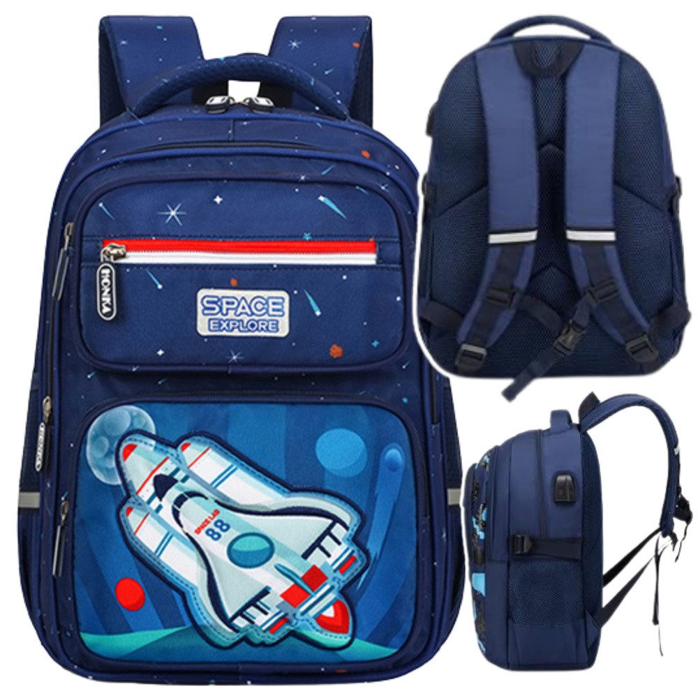 LEAN TOYS Schulrucksack Kinderrucksack Schulranzen Freizeitrucksack (Spar-Set, 1-tlg., 41 x 30 x 16 cm leicht), Weltraum-Motiv, Reflektoren, Hüftgurt, 20 l