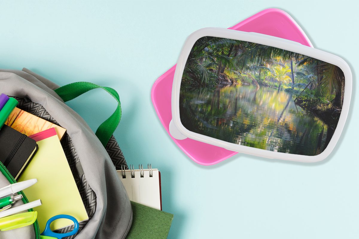MuchoWow Lunchbox Tropische Reflexion, (2-tlg), Kunststoff, für Kunststoff Brotbox Brotdose Mädchen, rosa Snackbox, Kinder, Erwachsene