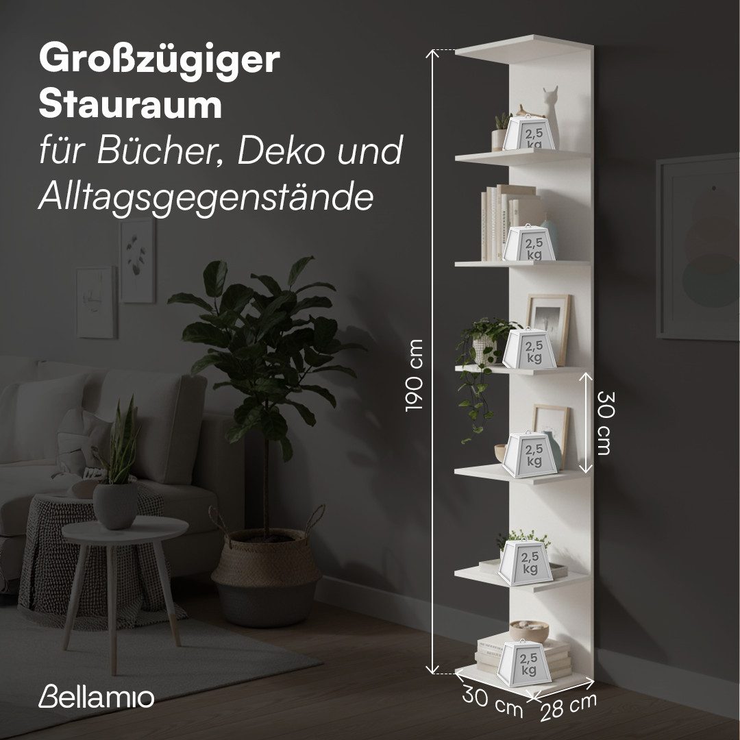 Bellamio Wandregal Ems mit 6 Fächern, Schweberegal 190x28x30 cm, horizontale oder vertikale Montage