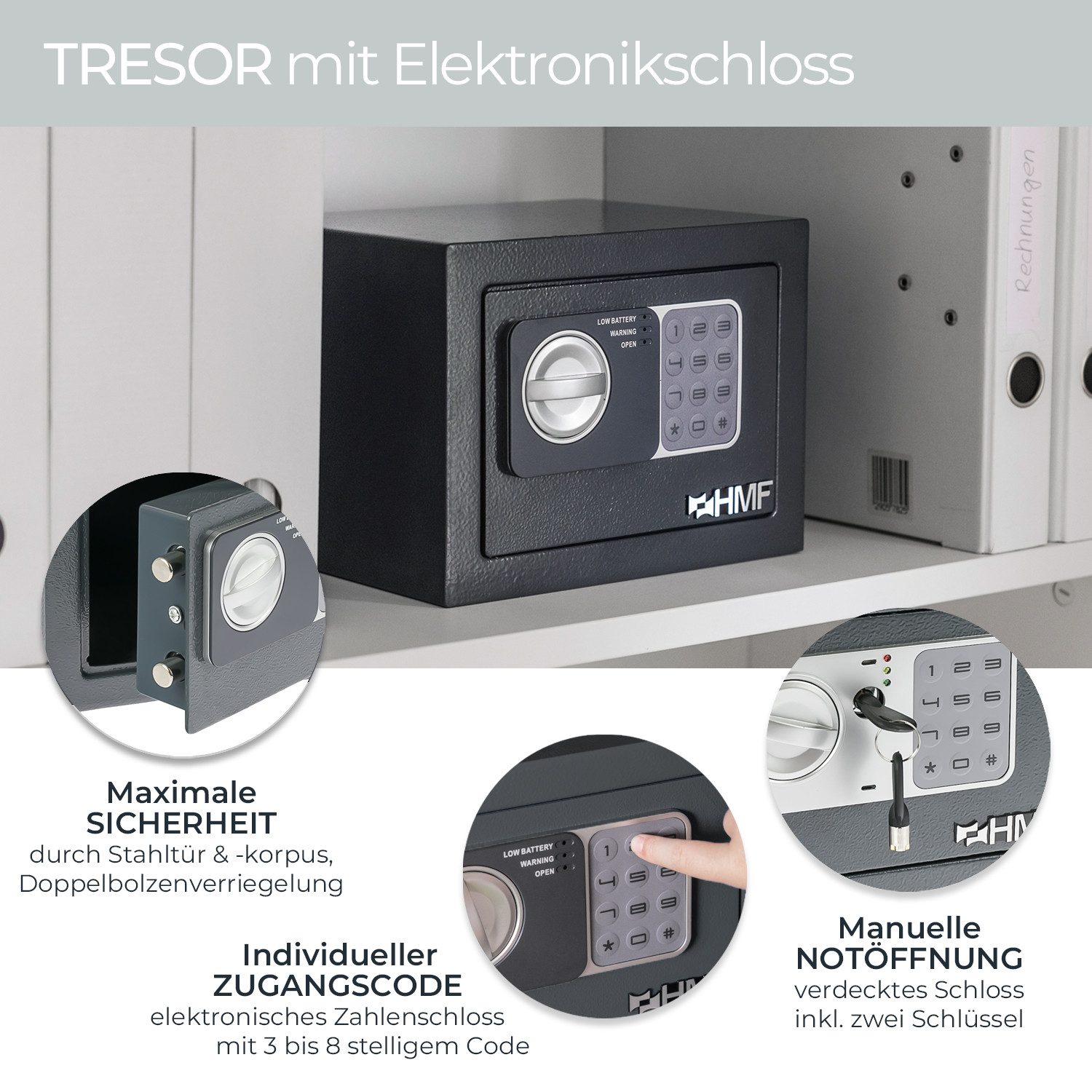 HMF Möbeltresor Robuster Tresor aus Stahl, Schließfach mit Elektronischem Schloss, 23 x 17 x 17 cm, anthrazit