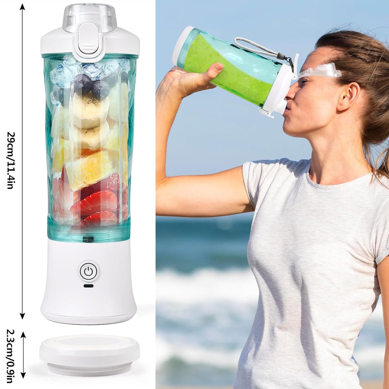 OKWISH Akku-Smoothie-Maker 600ml Mixer Smoothie Maker USB Wiederaufladbar Portable Blender, 240 W, mit 6 Klinge für Fitnessstudio Büro Camping und Reisen