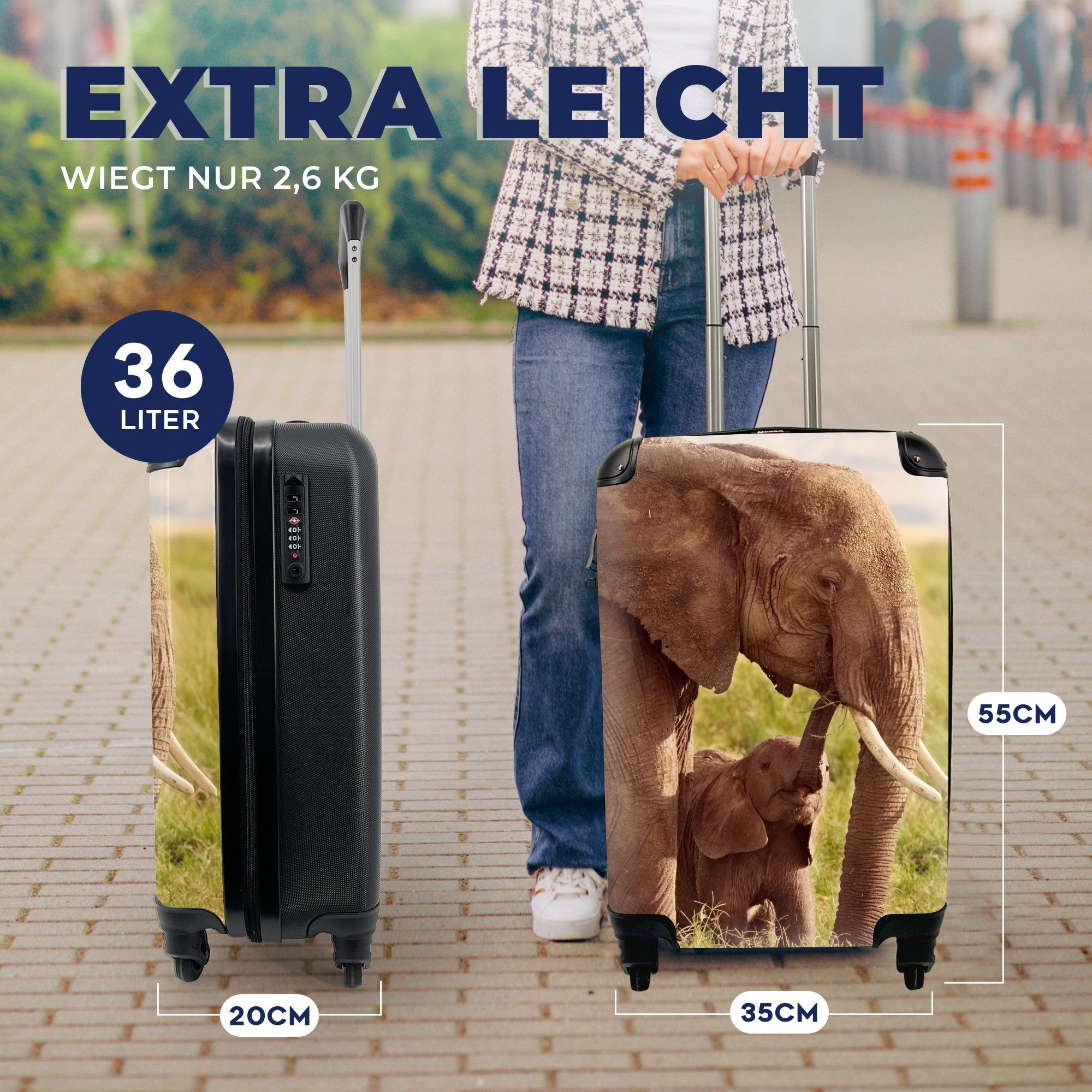 Elefant - rollen, Gras Handgepäck Reisekoffer Ferien, - - für Jung Rollen, Rüssel, mit Handgepäckkoffer Trolley, Reisetasche MuchoWow 4