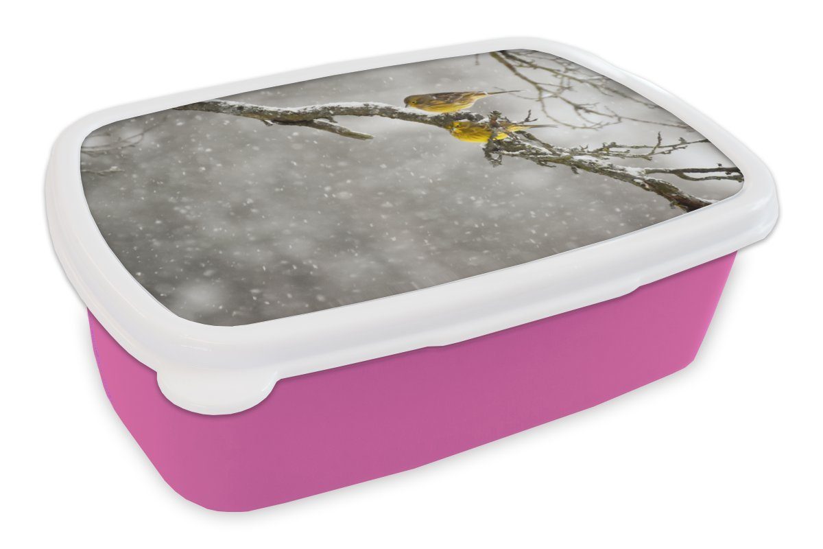 Goldammer für Lunchbox Schnee - Kunststoff, (2-tlg), Snackbox, Brotdose MuchoWow Erwachsene, rosa Kinder, Vogel, Brotbox - Kunststoff Mädchen,