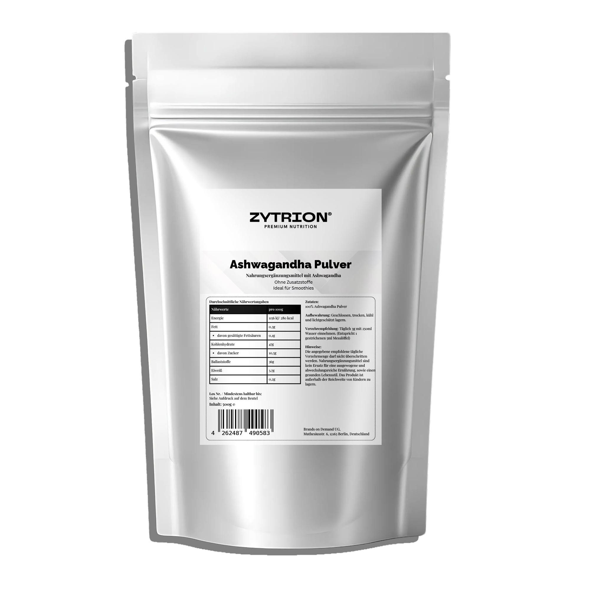 ZYTRION Ashwagandha 500 g – Ohne Zusätze, vegan, fein gemahlenes Pulver, 500 g, Reines Ashwagandha-Wurzelpulver