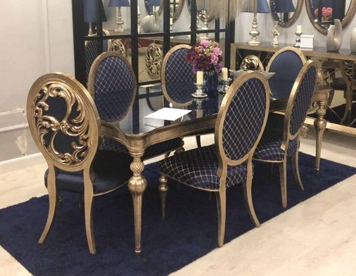 Casa Padrino Esszimmer-Set Luxus Barock Esszimmer Set Blau / Antik Gold - 1 Esszimmertisch & 6 Esszimmerstühle - Barock Esszimmer Möbel - Edel & Prunkvoll