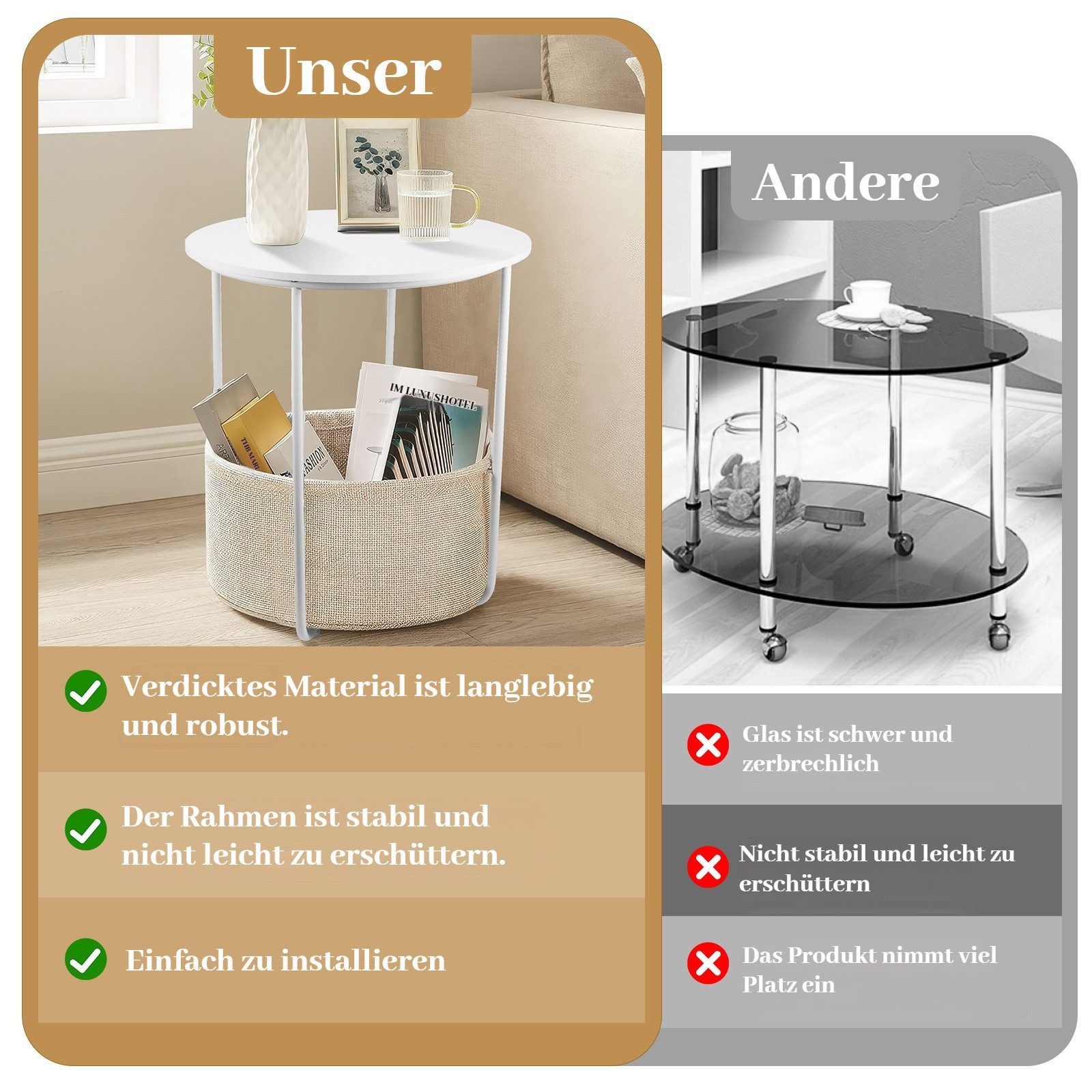 BlingBin Beistelltisch Runder kleiner Allzwecktisch in Weiß mit Stoff-Aufbewahrungskorb (1 Stück, 1-St., 45*45*50cm), Couchtisch & Nachttisch für Wohnzimmer und Schlafzimmer