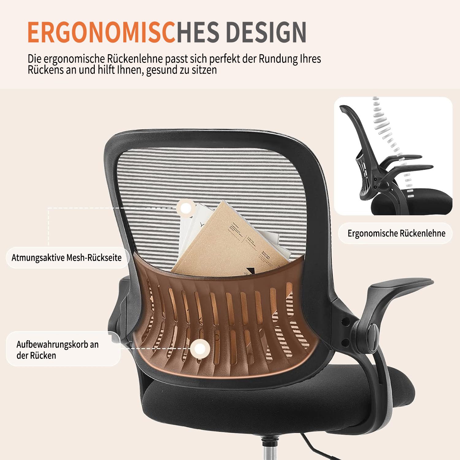 SURFOU Bürostuhl Chefsessel Schreibtischstuhl Stuhl OfficeChair Drehstuhl Computerstuhl (Verstellbarer Lordosenstütze Armlehne, Höhenverstellung), Bürostuhl Ergonomisch Bürosessel mit Rollen und Wippfunktion