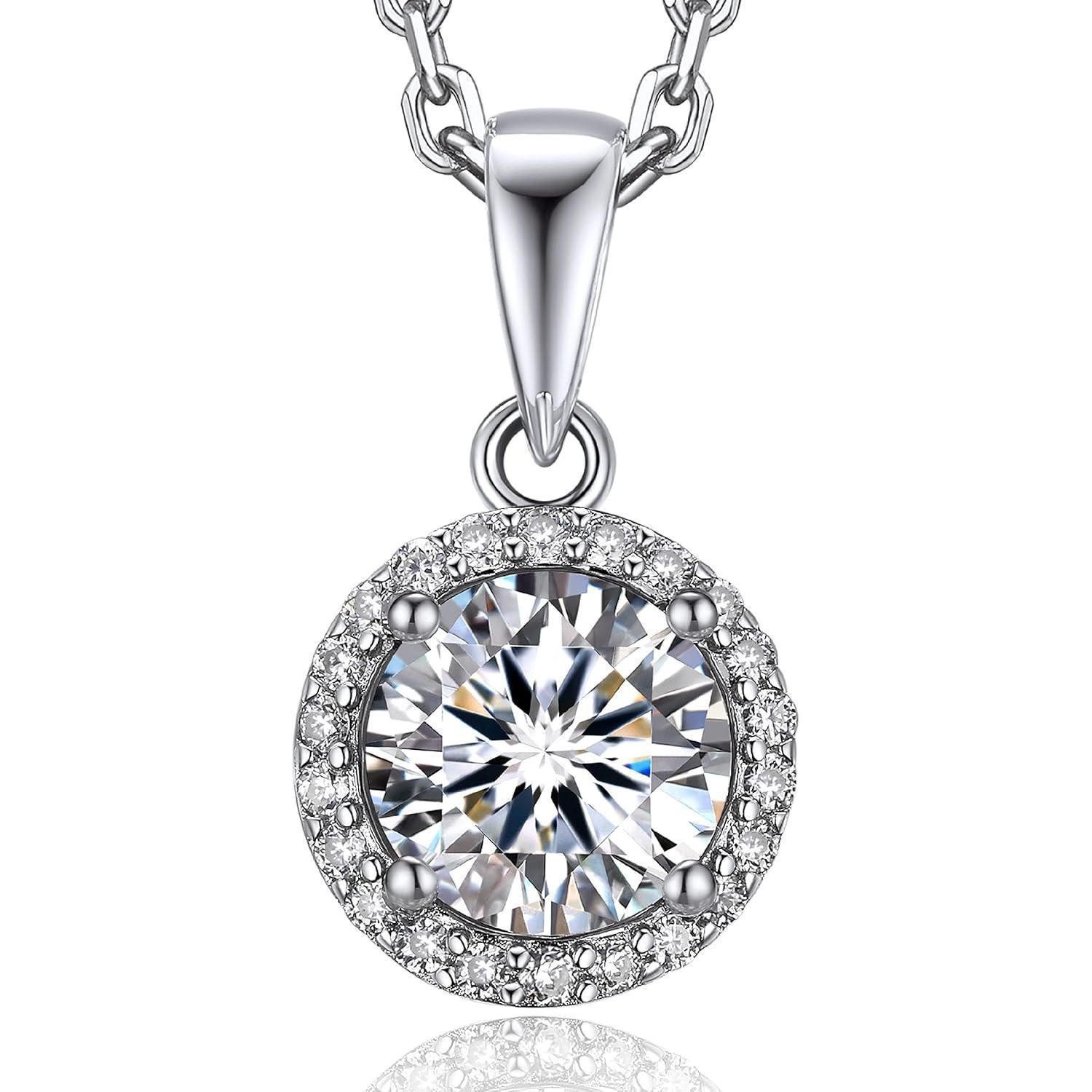 Kette mit Anhänger Silberkette Damen 925 mit 1 Karat Moissanite Anhänger Halo Kette