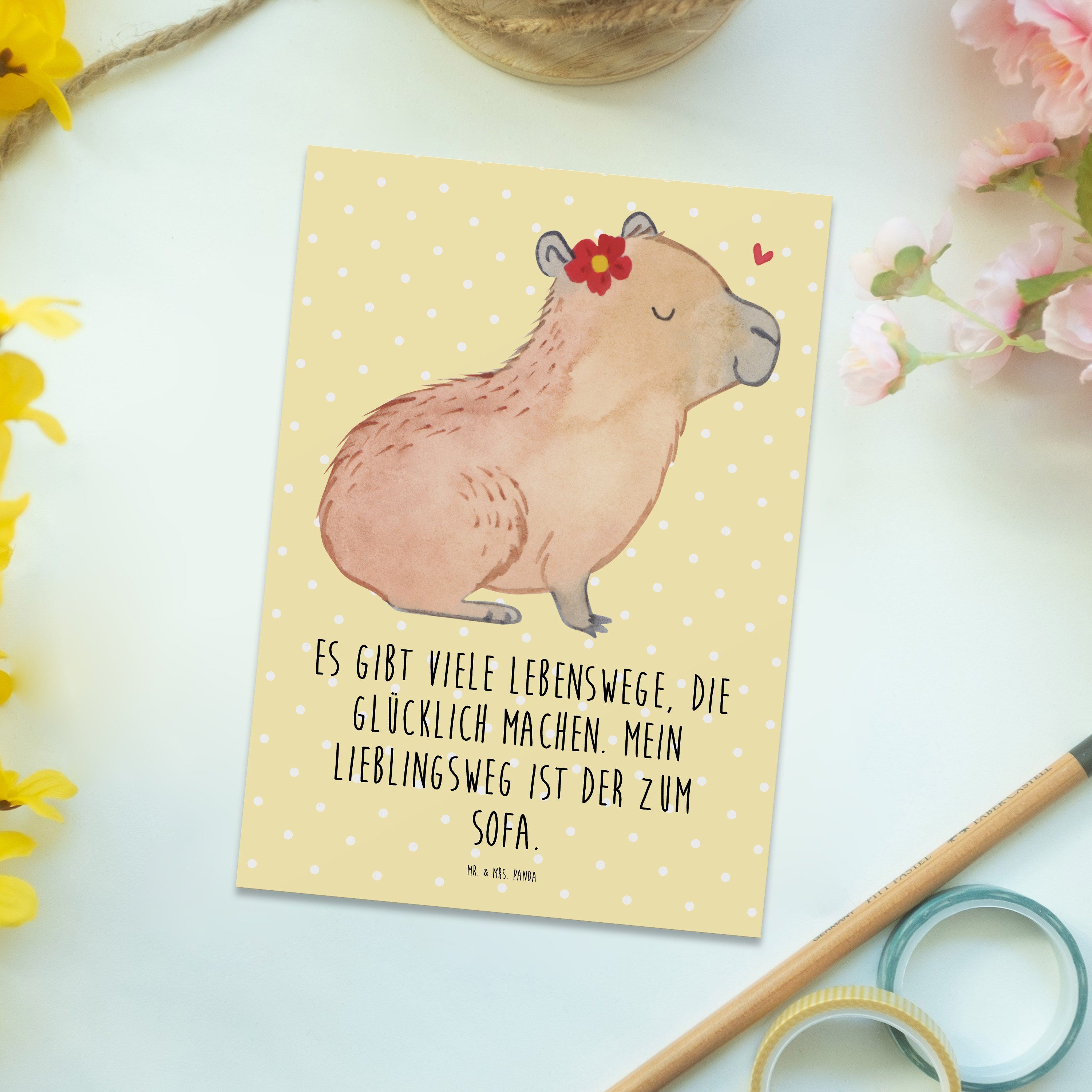 Geschenk, Panda Capybara Pastell Laune, Postkarte - Gelb Blume & Mr. lus Gute - Mrs. Tiermotive,