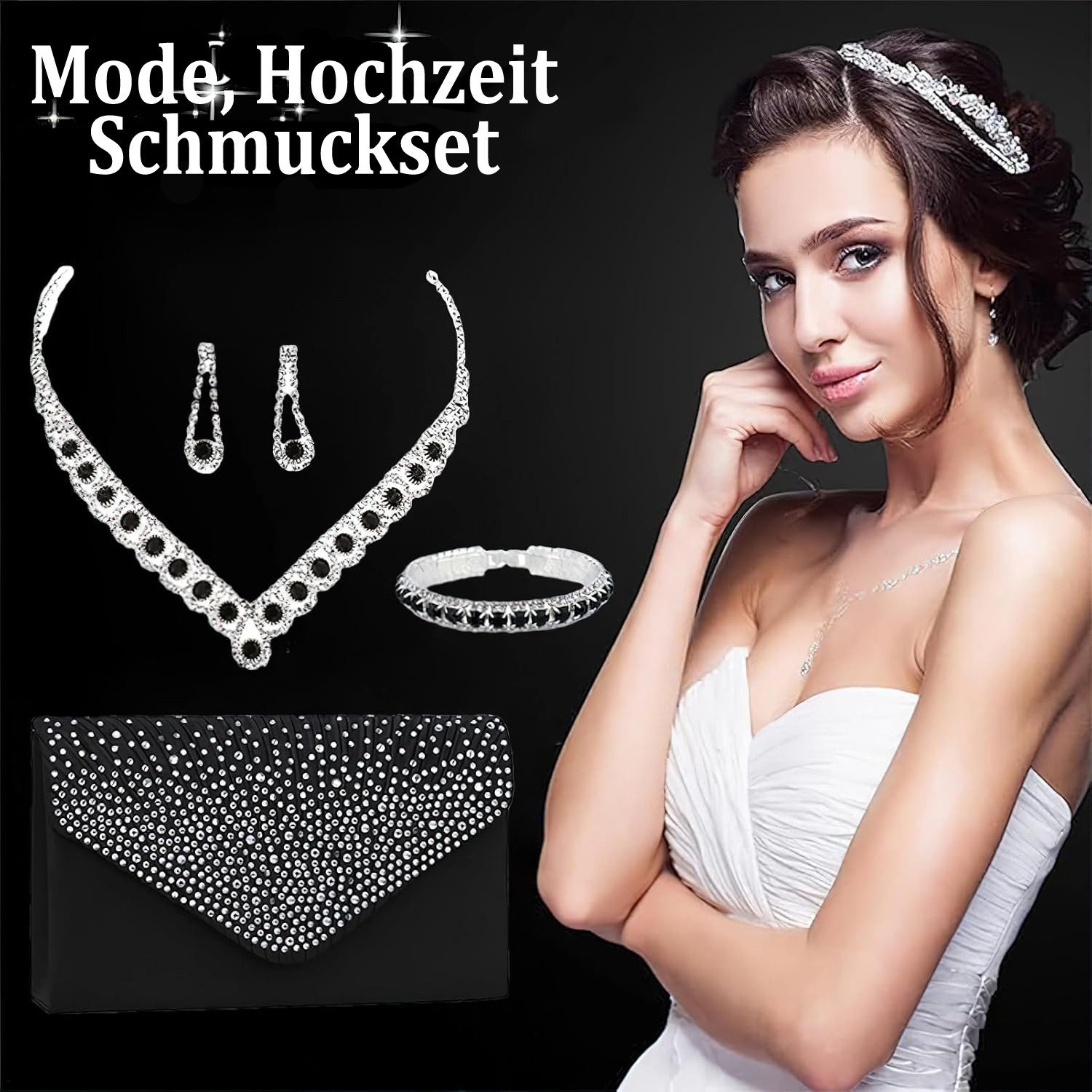 Bextsrack Schmuckset Hochzeits- und Abendessen-Schmuck-Set, Halskette, Ohrringe, Armband und Handtasche