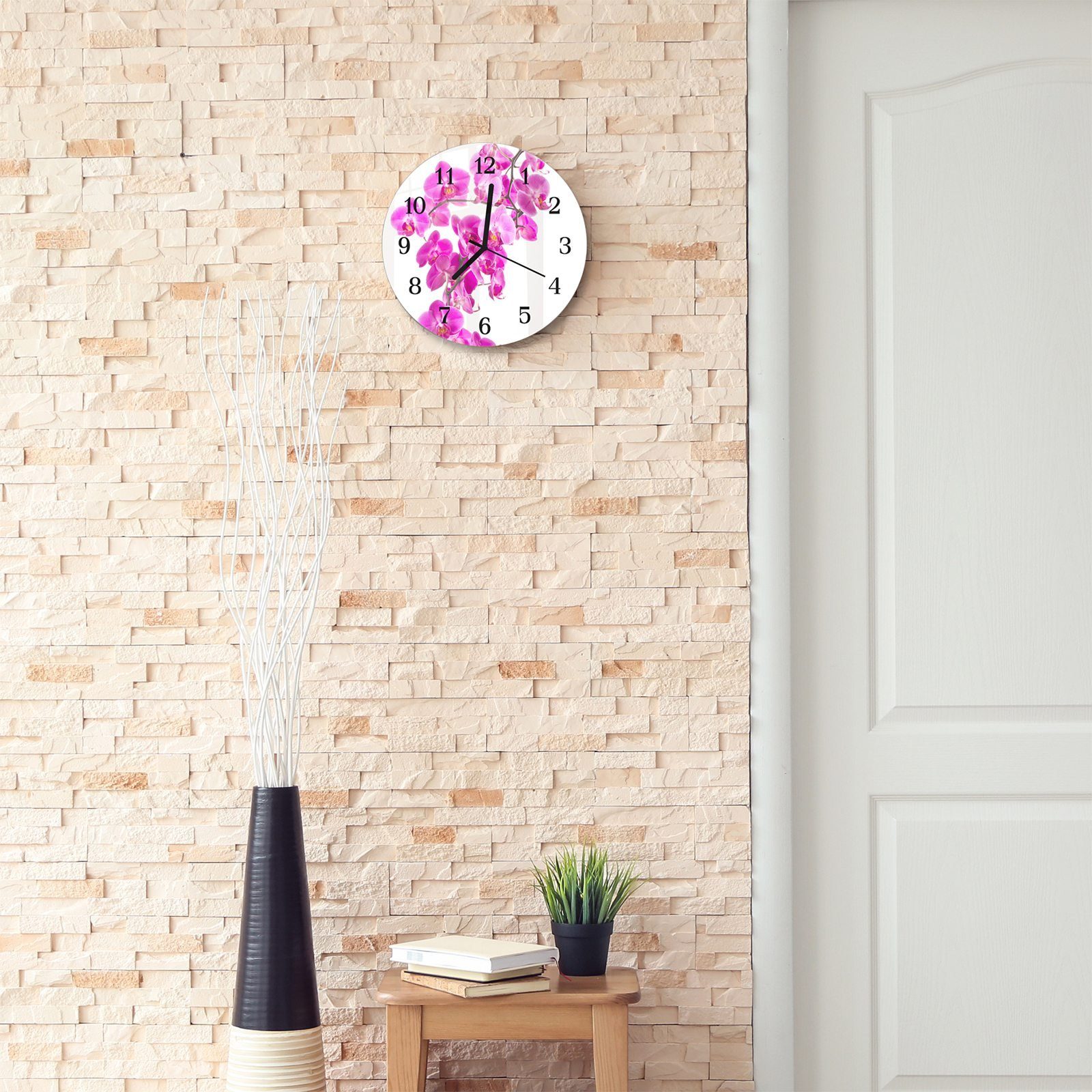 Primedeco Wanduhr Wanduhr aus Motiv mit Glas Quarzuhrwerk Rund und cm - Durchmesser Orchideenzweige 30 mit