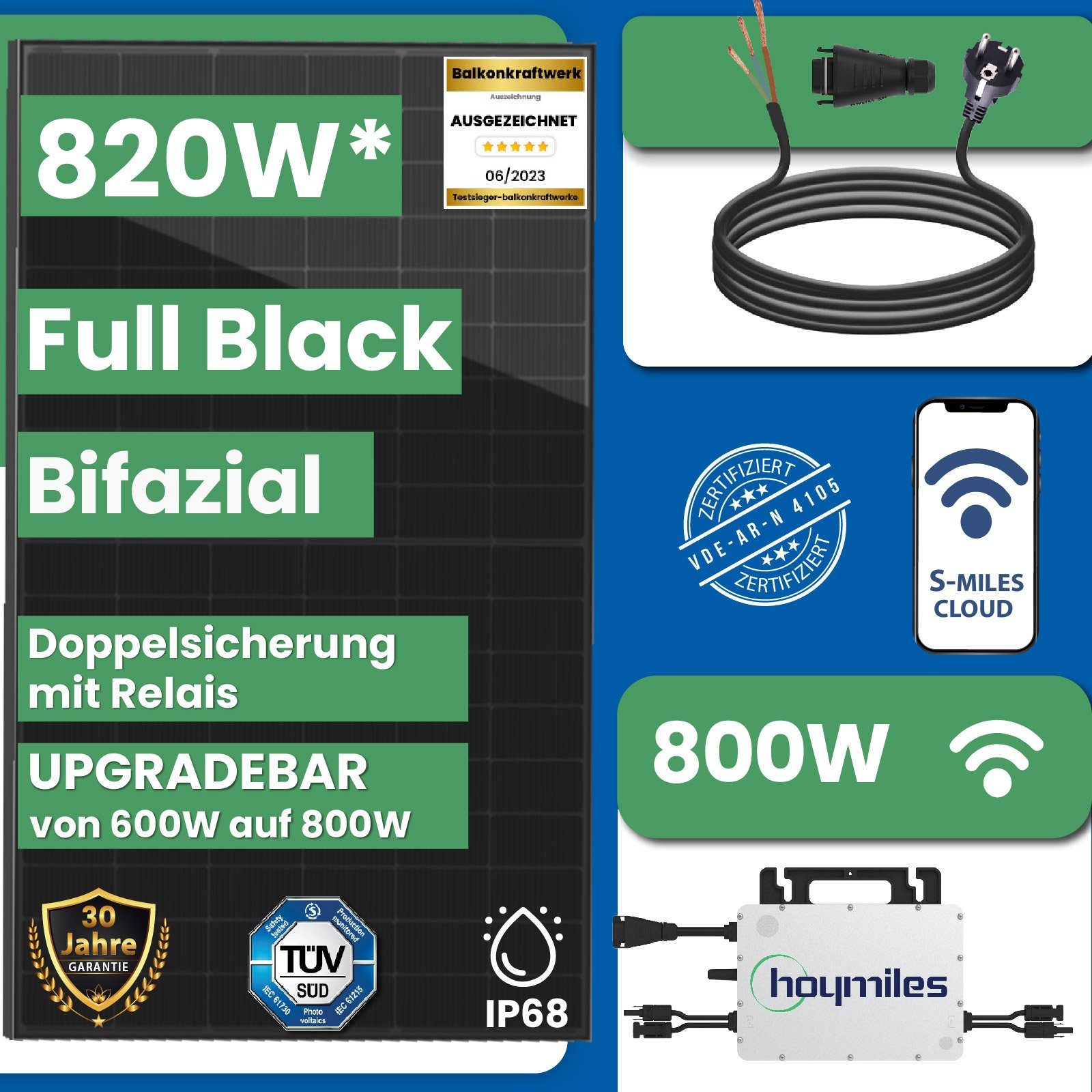 EPP.Solar Solaranlage Komplettset), Monokristallin, Bifaziale (Mit Solarmodule, steckerfertig 410W Glas-Full-Black Ihr Balkonkraftwerk Play & Haus, Wifi 820W Plug Hoymiles Balkon-Solaranlage HMS-800W-2T für Wechselrichter, inkl. Upgradefähiger