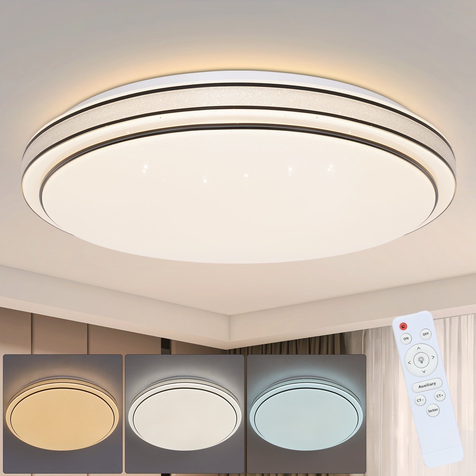ZMH LED Deckenleuchte Schlafzimmerlampe Sternenhimmel Modern Küchenlampe Rund, LED fest integriert, 3000-6000k, ∅27cm, Flimmerfrei, 3000-6000k B