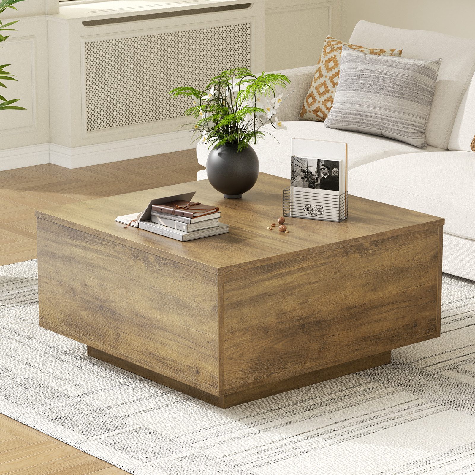 FABATO Couchtisch eckig höhenverstellbar mit verstecktem Staufach Landhaus-Design (1-St), für Wohnzimmer & Home Office