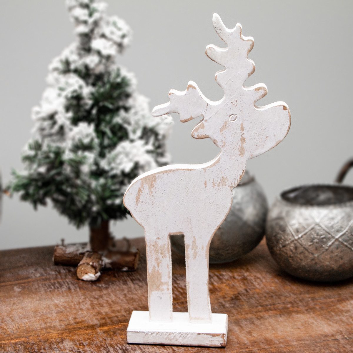 Antikas Weihnachtsfigur Skulptur, Rentier, weiß, Tischdeko zu Weihnachten, Holz, Weiß