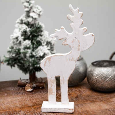 Antikas Weihnachtsfigur Skulptur, Rentier, weiß, Tischdeko zu Weihnachten, Holz, Weiß