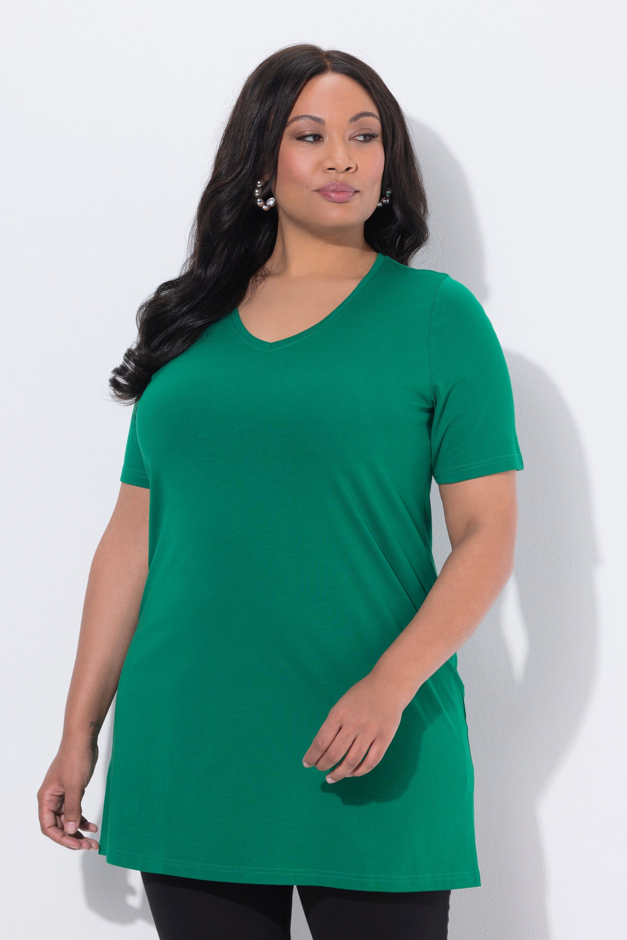 Ulla Popken Longshirt Longshirt A-Linie V-Ausschnitt Halbarm