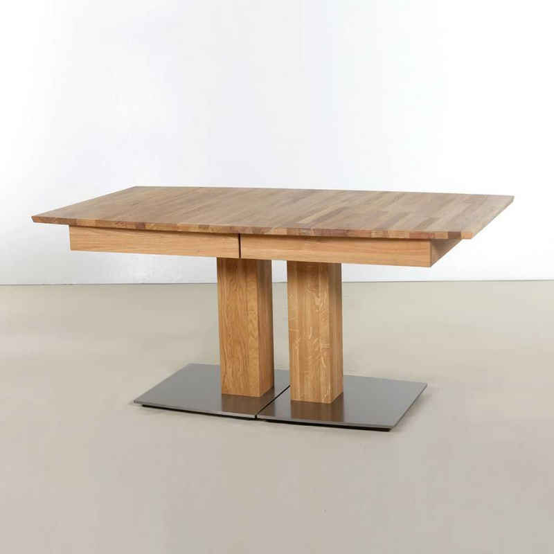 Pharao24 Säulen-Esstisch »Bicarion«, aus Massivholz, mit Tischplatte in Bootsform, mit Kunststoffrollen, mit Rollen, ausziehbar