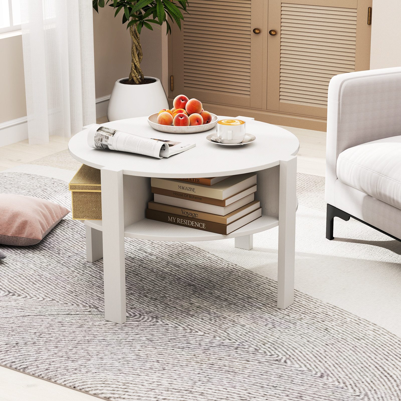 COSTWAY Couchtisch, Rund mit Stauraum, Wohnzimmertisch Holz, weiß günstig online kaufen