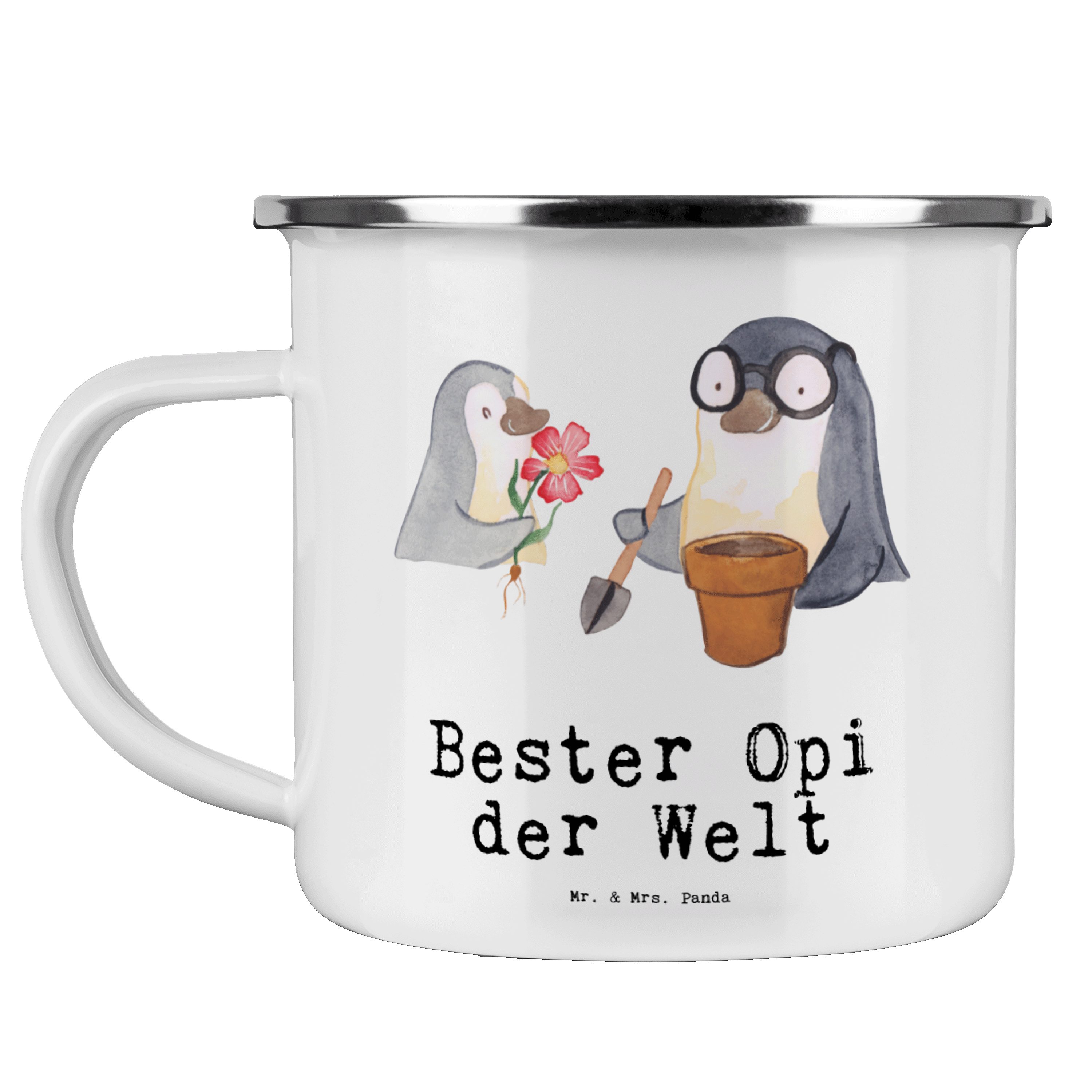 Mr. & Mrs. Panda Becher Pinguin Bester Opi der Welt - Weiß - Geschenk, Freude machen, Geburts, Emaille