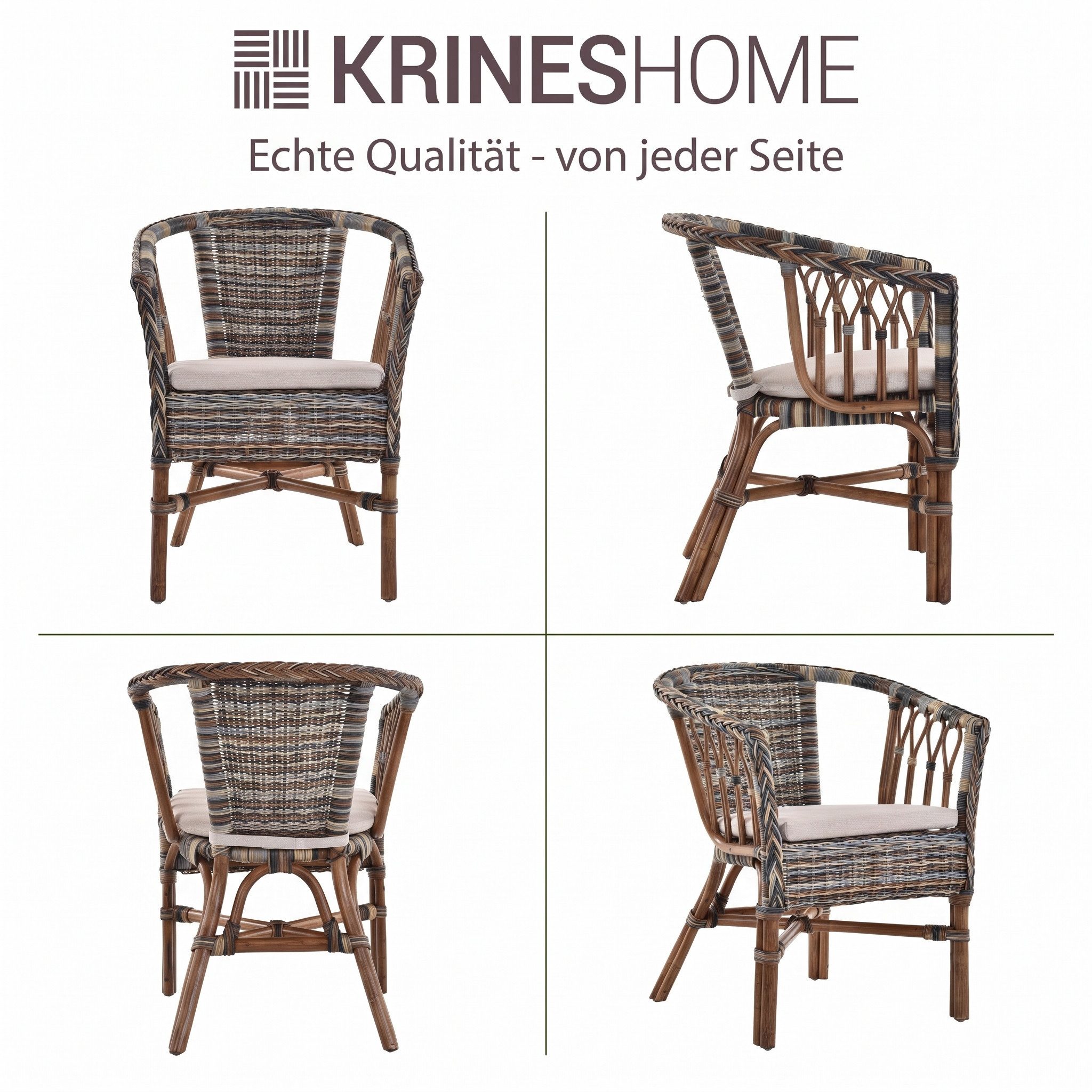 Krines Home Sessel Stapelbarer Rattansessel Bistro Sessel mit Armlehnen Flechtsessel (Sessel nach Auswahl ohne oder mit Polster), in Handarbeit geflochten – Bild 3 von 5