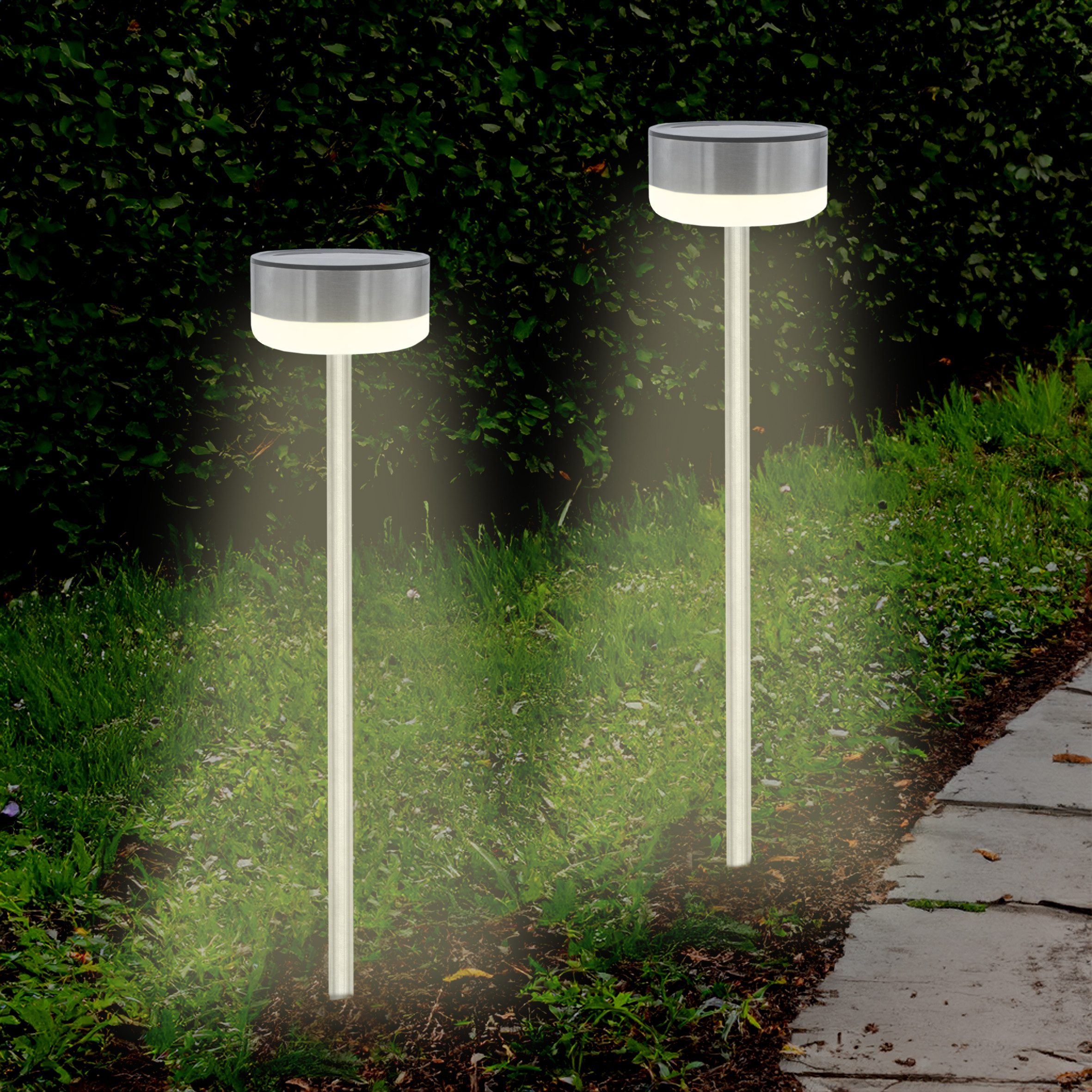 Spetebo LED Solarleuchte LED Solar Edelstahl Wegeleuchte 39 x Ø 9 cm - 2er Set, Einschaltautomatik, LED fest integriert, kaltweiß, Garten Deko Beleuchtung kalt weiß