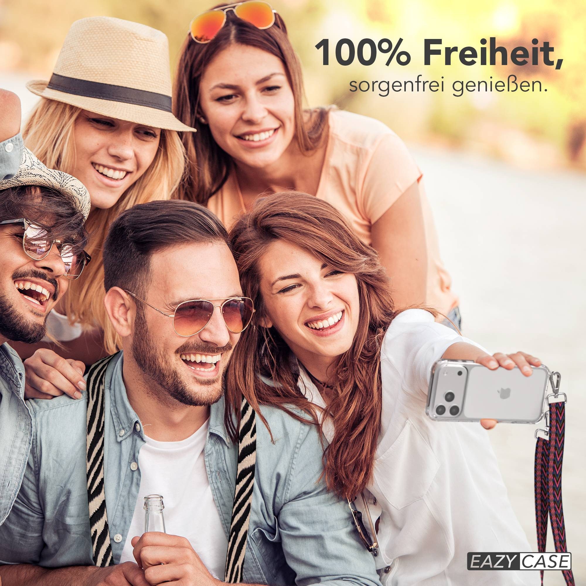 EAZY CASE Handykette Silikonhülle mit Kette für Apple iPhone 17 Pro Max 6,9 Zoll, Verstellbarer Trageriemen mit Case transparent DIY Gürteltasche Pink