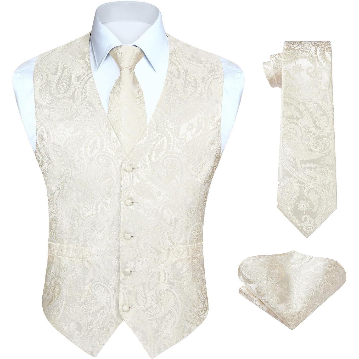 LuxusKollektion Krawatte Weste Herren Hochzeit floral Jacquard Krawatte Einstecktuch L Beige -1