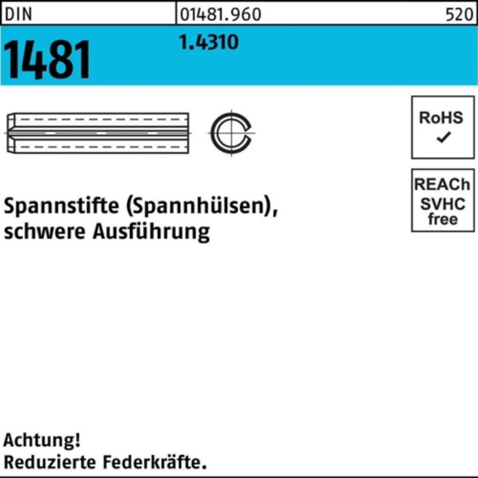 S schwere Spannstift Ausführung 1.4310 DIN 8 2,5x 100 1481 Spannstift Pack Reyher 100er