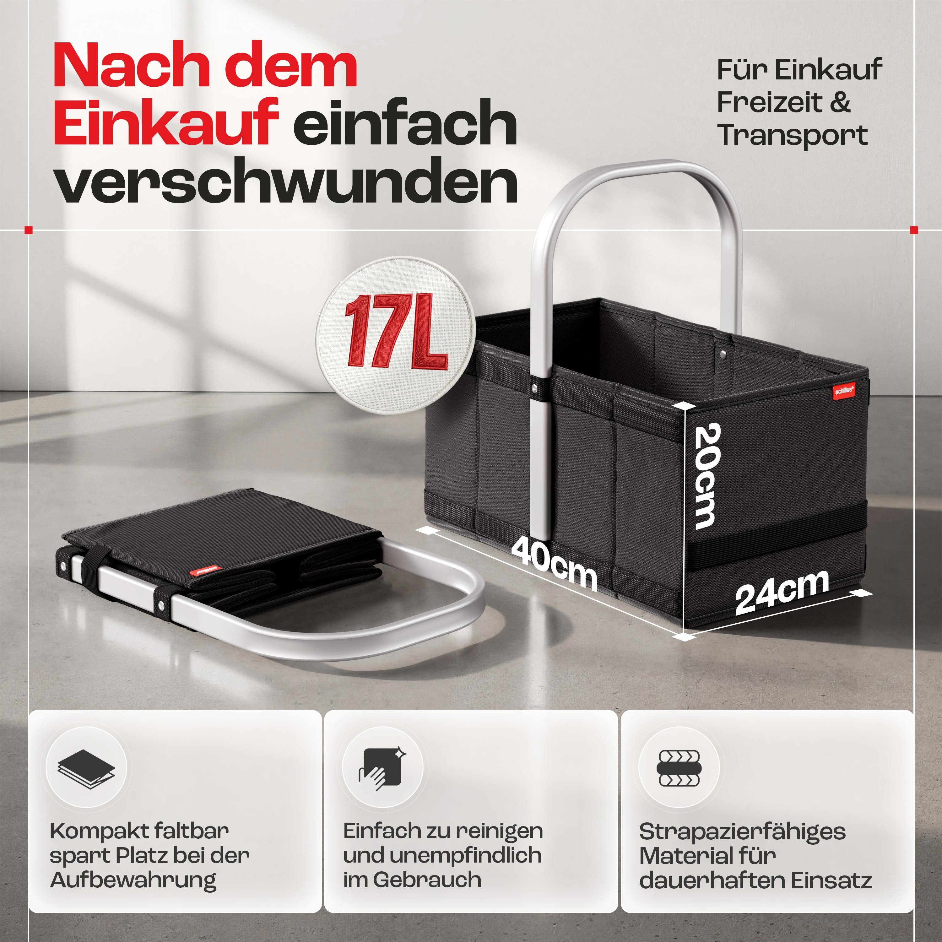 achilles Einkaufskorb Handle-Box Einkaufs-Korb mit Aluminium Griff Faltbarer Shopper