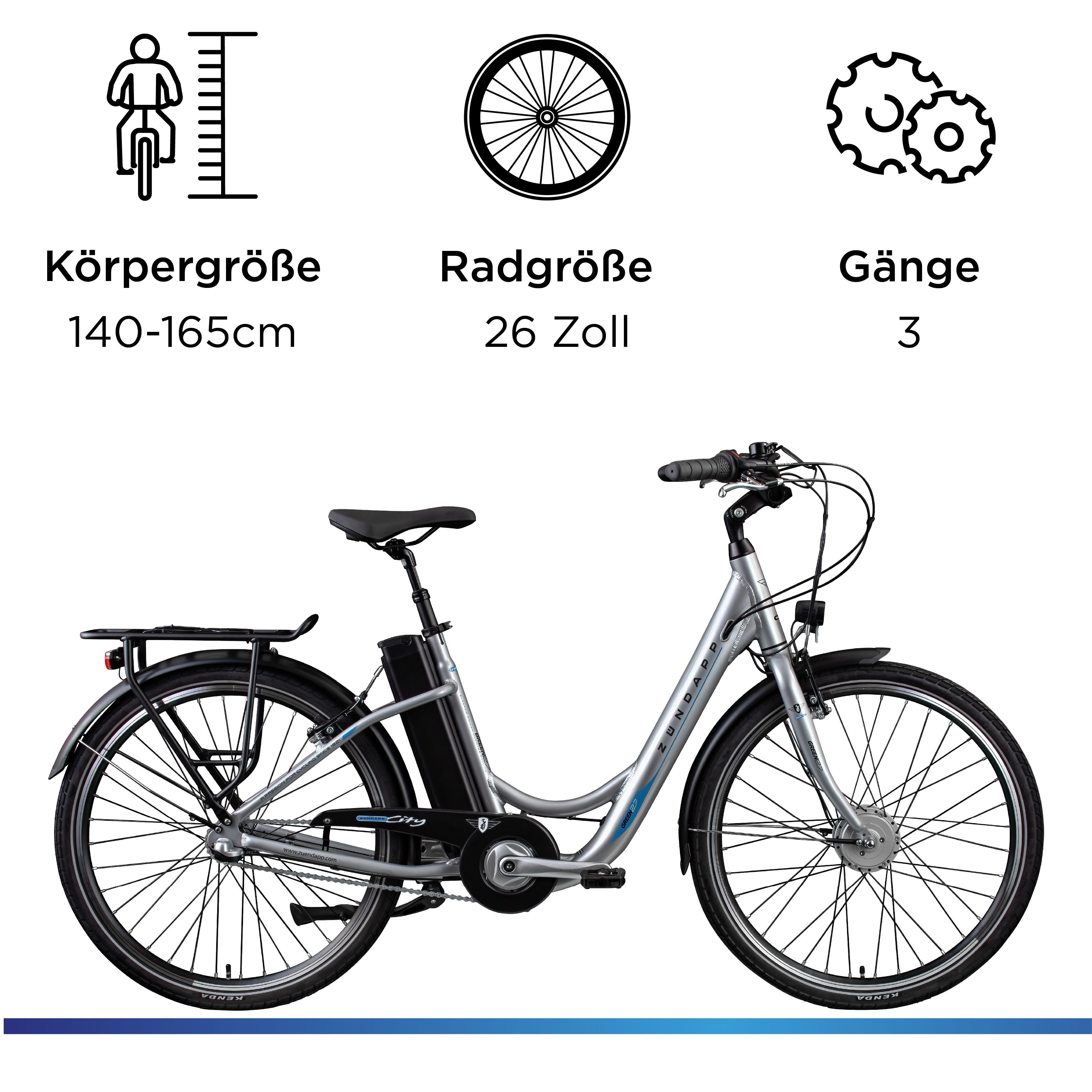 Zündapp E-Bike Cityrad Green 2.7, 3 Gang, Nabenschaltung, Frontmotor, 531,6 Wh, Pedelec, Elektrofahrrad für Damen u. Herren