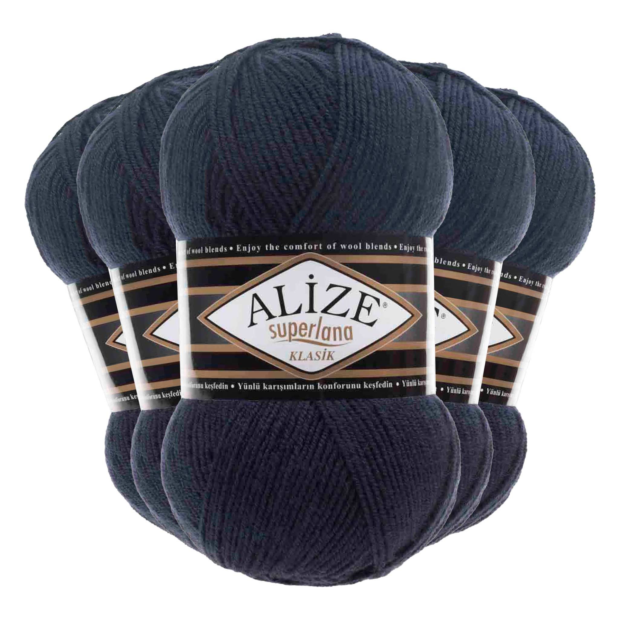 Alize Alize Superlana Klasik uni 5 x 100g Strickgarn Strickwolle 25% Wolle Häkelwolle, 1400 m (Sparpaket), 58 marineblau