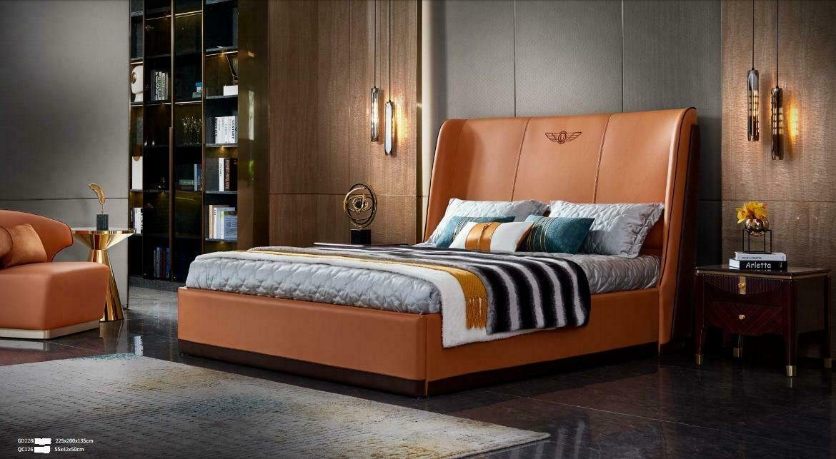 JVmoebel Lederbett, Bett Orange Design Holz Luxus Neu Betten Modern Möbel Schlafzimmer