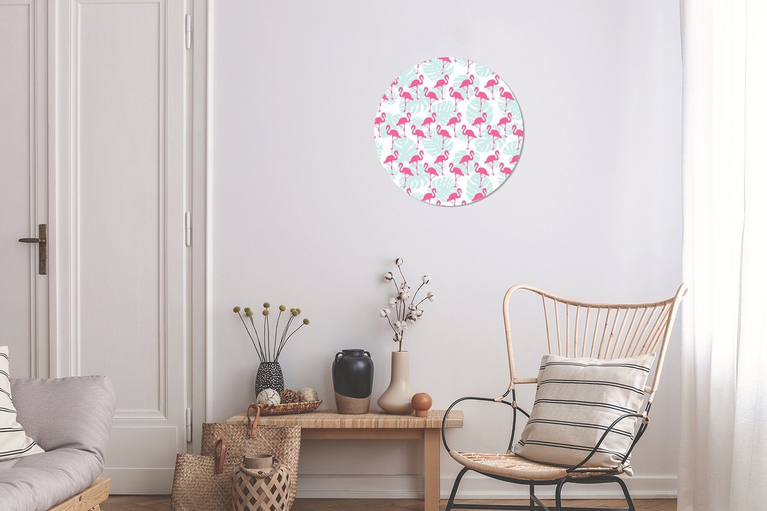 MuchoWow Gemälde Flamingo - Wohnzimmer, 30x30 (1 Wandbild, Rundes cm - Wanddekoration Sommer, St), Blätter Forex, Kreis