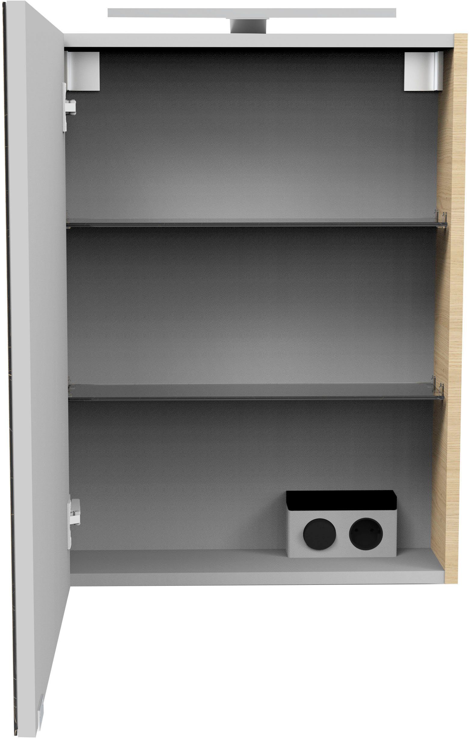 links Steckdose, Spiegelschrank 50cm, SBC Aufsatzleuchte, Anschlag Sandeiche/Beige/Hellbraun LED-Aufsatzleuchte) Schalter | (Spiegelschrank mit Breite FACKELMANN Sandeiche/Beige/Hellbraun und