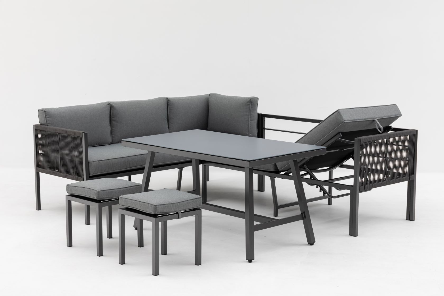 Gardissimo Gartenlounge-Set Aruba Gartenmöbelset, (Set, Alu, Ecklounge, Esstisch, 2 Hocker, inkl. Auflagen), UV-beständig / verstellbare Liegefläche / flexibel aufstellbar