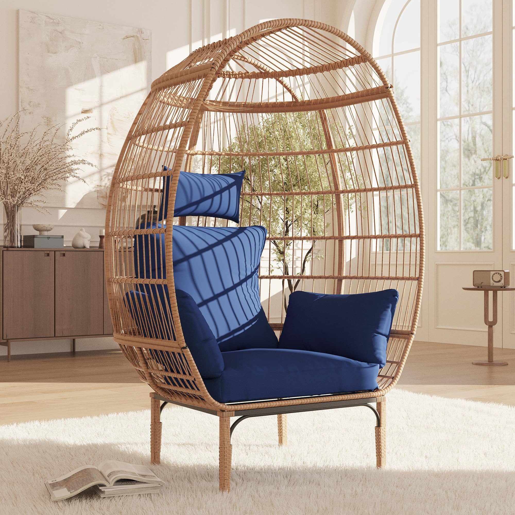 GarveeMore Hängesessel Polyrattan-Egg Kugelsessel Loungesessel Gartensessel Relaxsessel, Oversize Sessel mit Stand für Balkon/Terrasse/Garten und Indoor